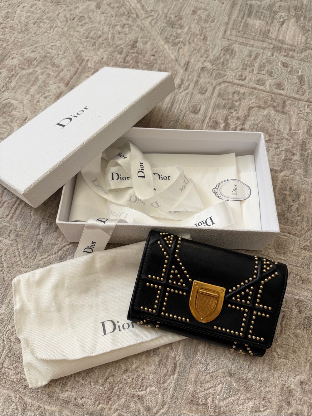 Authentic Dior Diorama Studded Black Leather Long Wallet w/ Box & Saks Receipt